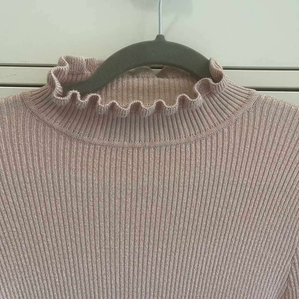 Express Blush Ribbed Top with Ruffle Neckline - Picture 2 of 4